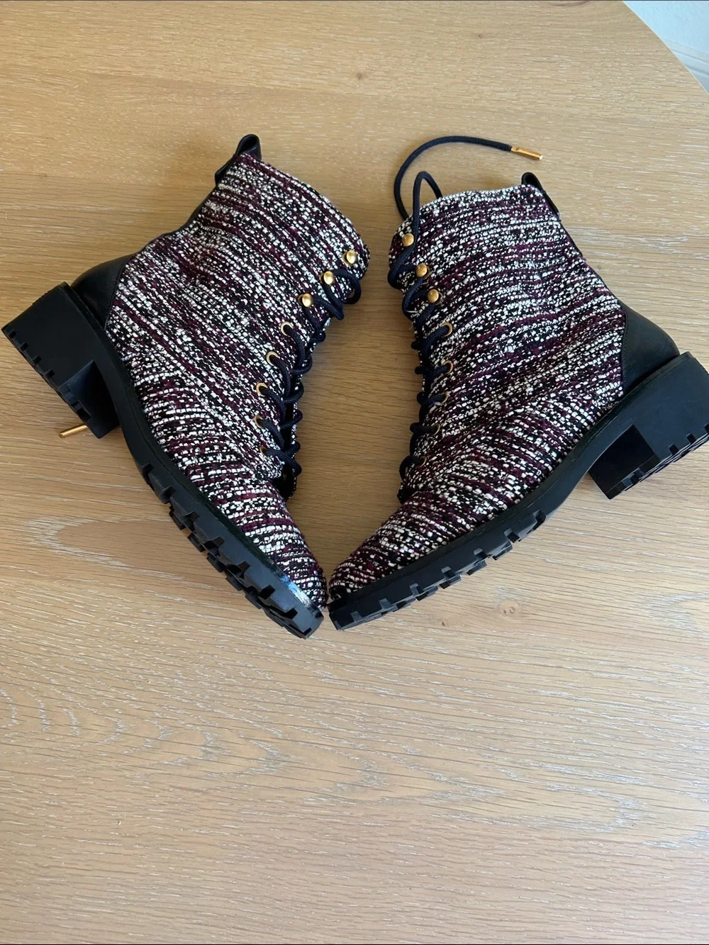 Tory Burch Miller Combat Tweed & Leather Lace Up Booties Burgundy/White 7.5 NWOT